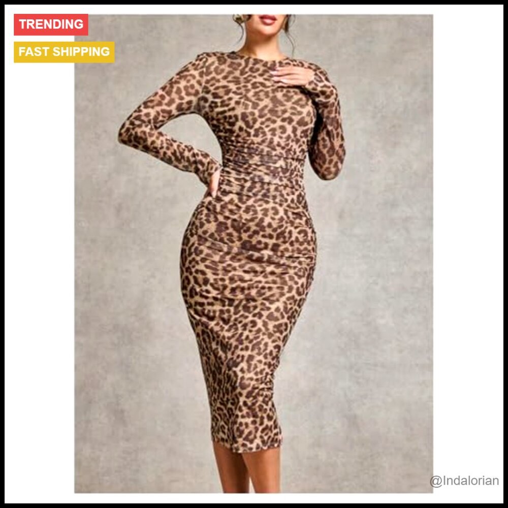 Mesh Long Sleeve Bodycon Midi Dress Elegant Cocktail Party Evening Wear - Picture 3 of 5